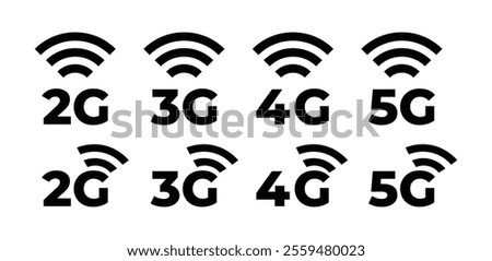 2G 3G 4G 5G network connection wireless internet signal icon symbol sign vector design black white color illustration collection isolated