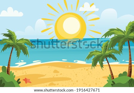 beach lanscape with sun and palms, sunny vector background with beach and sea