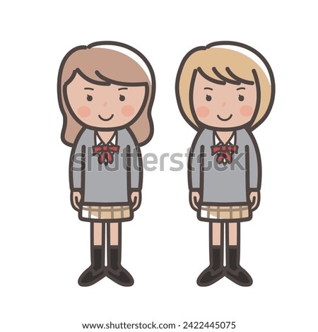 Illustration of two cute gal-style high school girls wearing knitted vest uniforms