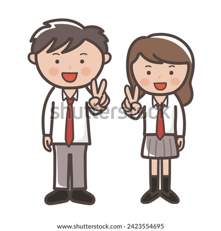 Illustration of a cute male and female high school couple in uniforms smiling and making peace
