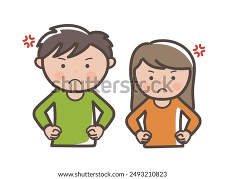 Upper body illustration of angry young man and woman with hands on hips
