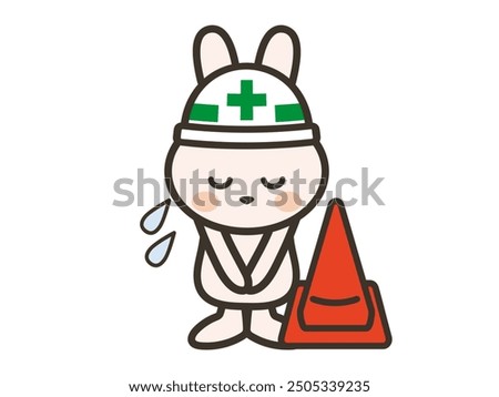 Illustration of a rabbit apologizing for the inconvenience and a traffic cone