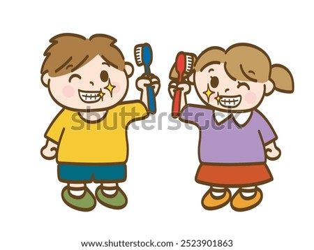 Full body illustration of a boy and a girl brushing their teeth and showing off their white teeth (early elementary school, infant)