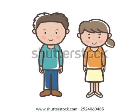 Full-body illustration of a young couple facing forward with a smile