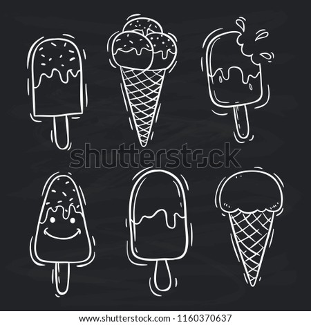 set of ice cream with hand drawn or doodle style on chalkboard background