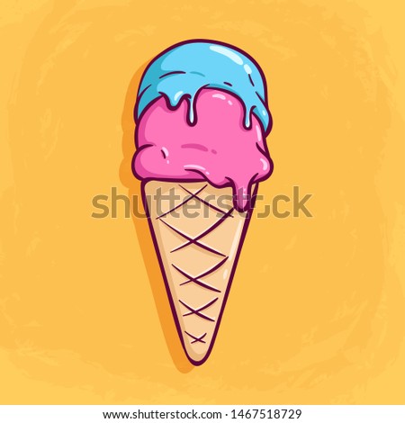 Colorful Doodle Ice Cream Cone With two Layer Strawberry and Blueberry