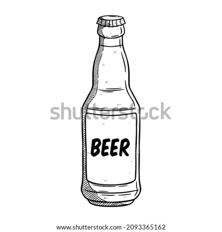 Bottle of cold beer, sketch style vector illustration isolated on white background. Hand drawn frosty bottle of ice cold beer, lager, ale, Oktoberfest symbol