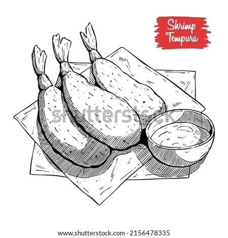 Tempura or fried shrimp with sauce. Hand drawn Japanese food vector illustration