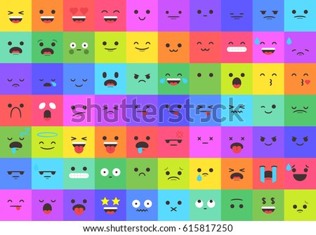 Set of 70 emojis faces and expressions on a modern flat style and colored backgrounds