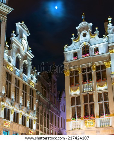 Moon over Grand Place, the focal point of Brussels, Belgium