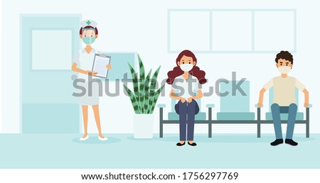 Social distancing and coronavirus covid-19 prevention: maintain a safe distance from others in hospital. Nurse and patients in the hospital. Vector illustration.