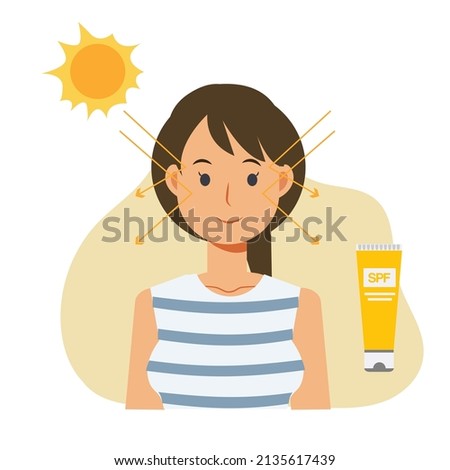 Skin care concept,sun protection. Happy woman using sunblock avoid from sunburn damage. nice and beauty skin .