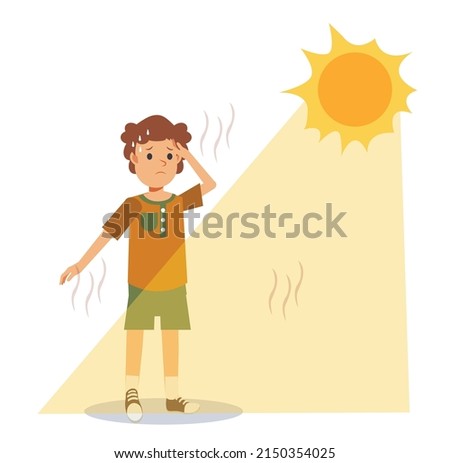 heat stroke concept.Sunstroke and sunburn risk little boy under burning sun. High temperature ,Hot weather.Summer