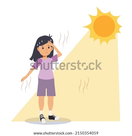 heat stroke concept.Sunstroke and sunburn risk little girl under burning sun. High temperature ,Hot weather.Summer