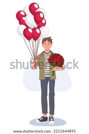 Happy smiling man with balloons and a bunch of rose is waiting for his lover. Vector romantic illustration