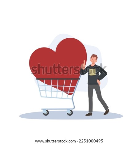 Valentine's Day, buying love concept. big red heart in a shopping cart and man is thumb up. 