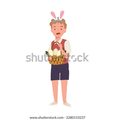 Happy Easter Day. Little boy with bunny ears showing fully basket from hunting an easter egg. Flat style vector illustration.