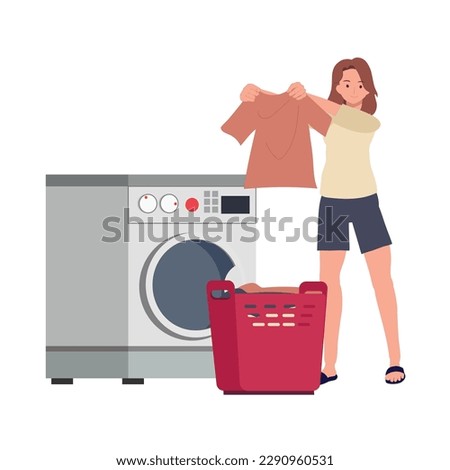 Laundry concept. a woman is washing clothes, doing laundey with Modern washing machine. Flat vector cartoon illustration.