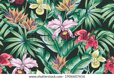 Tropical floral vector seamless pattern with exotic flowers, orchid, hibiscus, bird of paradise flower, jungle leaves. Hand drawn repeatable background. Vintage botanical illustration wallpaper.