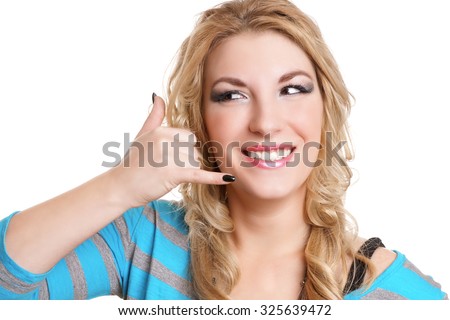 woman making call me gesture, blonde girl with phone hand sign
