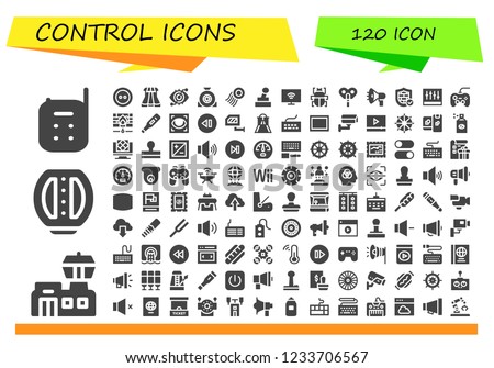 Vector icons pack of 120 filled control icons. Simple modern icons about  - Baby monitor, Airport, Pedal, Button, Sliders, Eye scan, Wheel, Stamp, Joystick, Smart tv, Fleas, Automaton, Megaphone