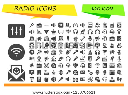 Vector icons pack of 120 filled radio icons. Simple modern icons about  - DJ, Communication, Wifi, Diapason, Radio, Voice message, Volume, Itunes, Mp player, Headphones, Ads, Satellite dish