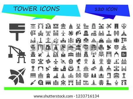Vector icons pack of 120 filled tower icons. Simple modern icons about  - Scraper, Thai kite, Crane, Pagoda, Rigging, Nuclear plant, Bridge, Electric tower, Tower, Antenna, Airport, Telephone booth
