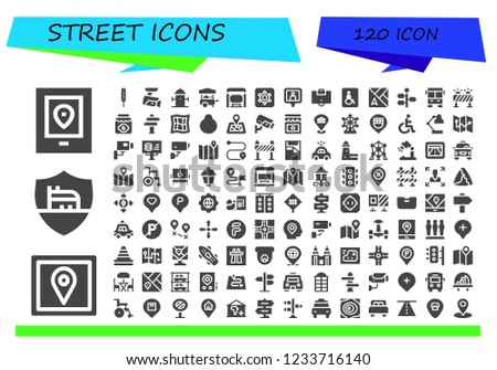 Vector icons pack of 120 filled street icons. Simple modern icons about  - Gps, Roma, Corndog, Cctv, Hydrant, Food cart, Bus stop, Hidden camera, Location pin, Area, Wheelchairs, Map, Signpost