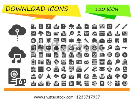 Vector icons pack of 120 filled download icons. Simple modern icons about  - Cloud computing, Wait, Music file, Ebook, File, Itunes, Mail, Login, Envelope, Loading, Email, Cloud, Download, Previous
