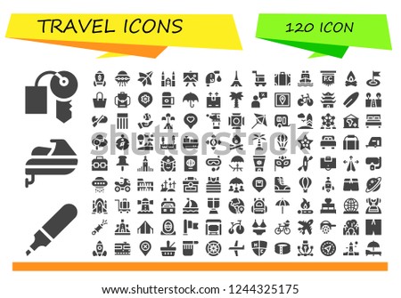 Vector icons pack of 120 filled travel icons. Simple modern icons about  - Hotel key, Marker, Jet ski, Rocket, Ufo, Thai kite, Chartres cathedral, Drawing, Gas fuel, Tokyo, Carrier, Travel bag