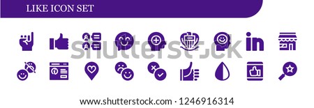 Vector icons pack of 18 filled like icons. Simple modern icons about  - Promise, Thumb up, Comments, Happy, Positive, Nice, Happiness, Linkedin, Market, Pop up, Favorite, Rate