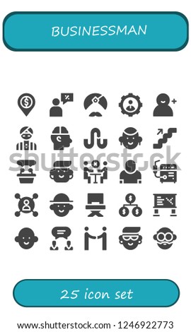 Vector icons pack of 25 filled businessman icons. Simple modern icons about  - Bank, Salesman, Man, User, Add user, Human, Stumbleupon, Avatar, Stairs, Presentation, Meeting, Welder