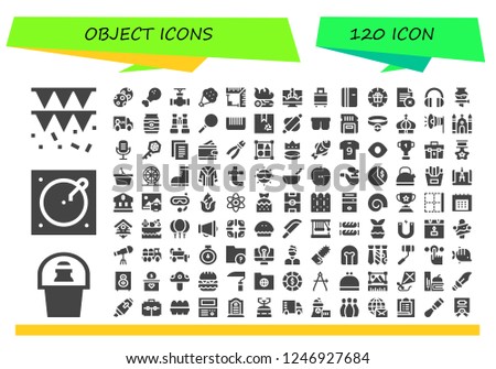 Vector icons pack of 120 filled object icons. Simple modern icons about  - Garland, Champagne, Turntable, Cookies, Chicken leg, Pipe, Bouquet, Angle, Campfire, Computer, Suitcase