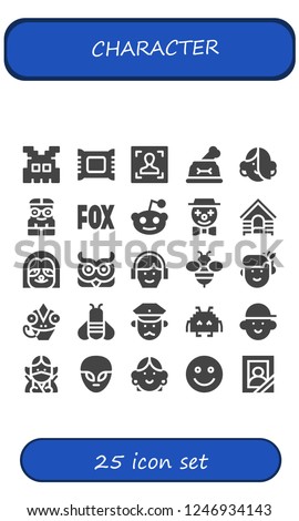 Vector icons pack of 25 filled character icons. Simple modern icons about  - Space invaders, Makeup remover, Face, Dog, Avatar, Nerd, Fox, Reddit, Clown, Sloth, Owl, Bee, Woman
