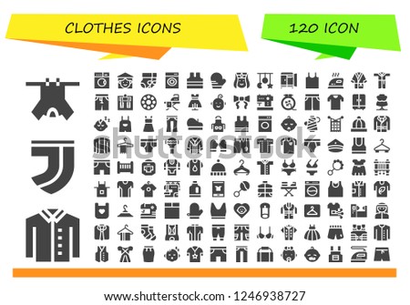 Vector icons pack of 120 filled clothes icons. Simple modern icons about  - Clothes, Shirt, Juventus, Laundry, Vietnamese, Socks, Washing machine, Sleeveless shirt, Mitten, Armenian