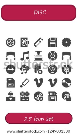 Vector icons pack of 25 filled disc icons. Simple modern icons about  - Brake disc, Hard disk, Saw, Floppy disk, Music, Phonograph, DJ, Team viewer, Cd, Vinyl, Sd card, Vimeo