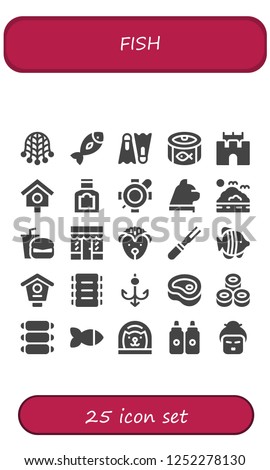 Vector icons pack of 25 filled fish icons. Simple modern icons about  - Net, Fish, Dive, Canned food, Sand castle, Bird house, Food, Turtle, Cat, Sea, Fast food, Grocery, Hedgehog