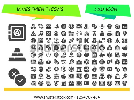 Vector icons pack of 120 filled investment icons. Simple modern icons about  - Safe box, Rate, Ingots, Currency, Money, Bars graphics, Coin, Coins, Startup, Funds, Cheque, Ingot