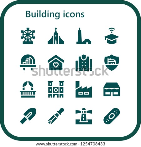 Vector icons pack of 16 filled building icons. Simple modern icons about  - London eye, Hallgrimskirkja, Qutb minar, University, City, Home, Police station, Roma, Balcony, Notre dame