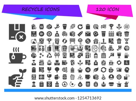 Vector icons pack of 120 filled recycle icons. Simple modern icons about  - Package, Eco friendly, Cup, Trash, Can, Renewable energy, Redo, Garbage, Ecology, Garbage truck, Green energy