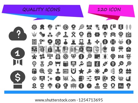 Vector icons pack of 120 filled quality icons. Simple modern icons about  - Question, Idea, Quality, Discount, Hairdryer, Pound, Webcam, Tennis, Ribbon, Information, Wheat, Satisfied