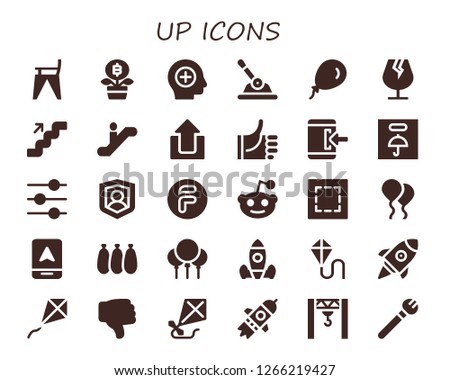  up icon set. 30 filled up icons. Simple modern icons about  - Feeding chair, Growth, Positive, Control, Balloon, Fragile, Stairs, Escalator, Upload, Thumbs up, Login, Social