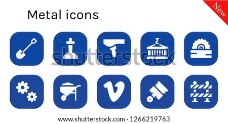  metal icon set. 10 filled metal icons. Simple modern icons about  - Shovel, Excalibur, Saddle, Container, Saw, Cogwheel, Wheelbarrow, Vimeo, Pistons, Barrier