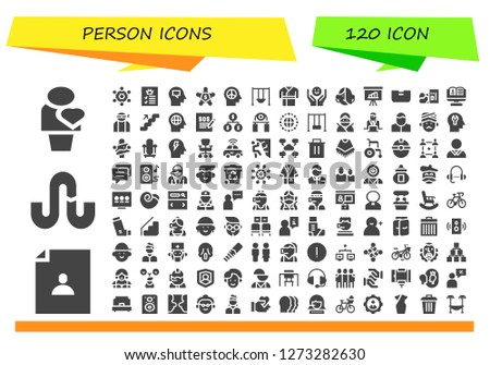  person icon set. 120 filled person icons. Simple modern icons about  - Human, User, Stumbleupon, Team, Profile, Mind, Meeting, Swing, Robe, Psychology, Avatar, Presentation, Bed