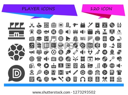  player icon set. 120 filled player icons. Simple modern icons about  - Stadium, Disqus, Soccer ball, Hockey, Golf, Basketball, Amplifier, Puck, Mp player, Blaster, Sport shirt