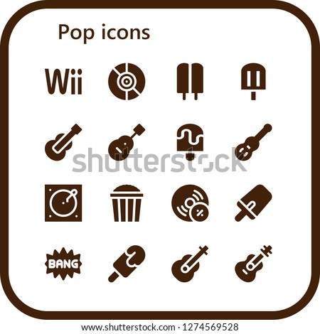  pop icon set. 16 filled pop icons. Simple modern icons about  - Wii, Vinyl, Popsicle, Guitar, Turntable, Popcorn, Vynil, Comic