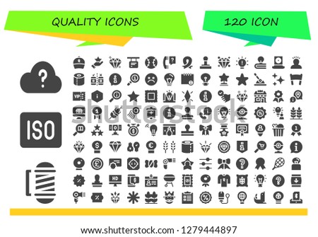  quality icon set. 120 filled quality icons. Simple modern icons about  - Question, Barber, Iso, Ribbon, Star, Gem, Information, Tennis, Stamp, Diamond, Idea, Webcam, Toilet paper