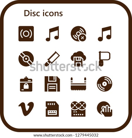  disc icon set. 16 filled disc icons. Simple modern icons about  - Record, Music, Vynil, Vinyl, Saw, Diskette, Harddrive, Vimeo, Sd card, DJ