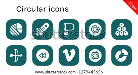  circular icon set. 10 filled circular icons. Simple modern icons about  - Pie chart, Chainsaw, Saw, Refresh, Round shot, Arc, Rewind, Vimeo, Loop