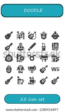  doodle icon set. 25 filled doodle icons. Simple modern icons about  - Guitar, Slide, Hamsa, Punk, Terrarium, Chalk, Pencil case, Faq, Sketch, Taurus, Saddle, Bathrobe, Wii